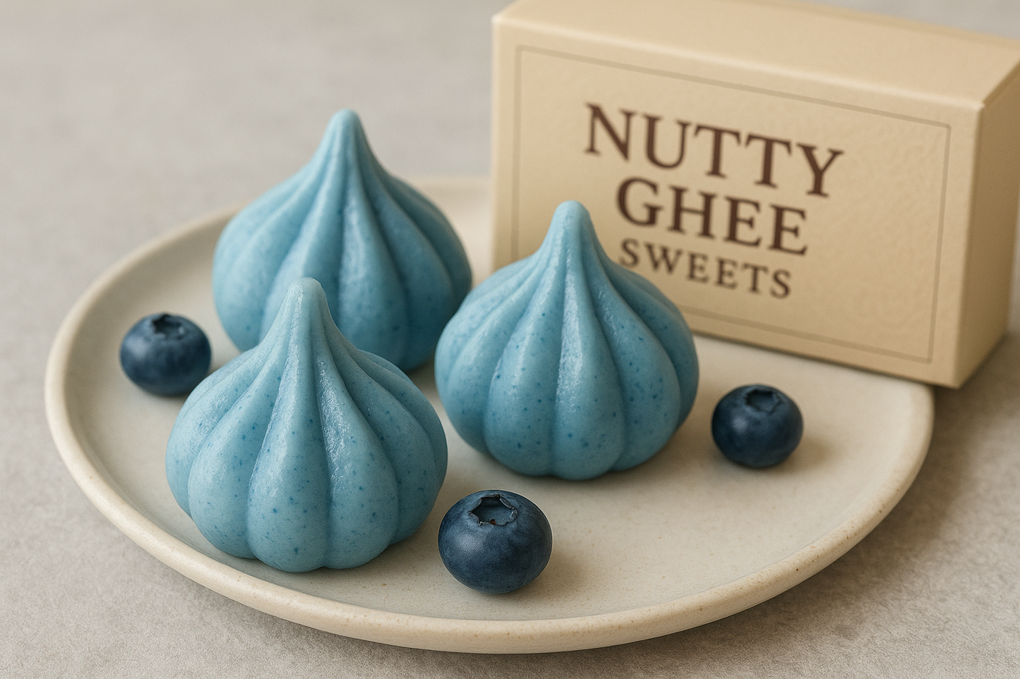 Nutty Ghee Sweets blueberry modak in Gurgaon three blue modaks on plate with fresh blueberries and branded box