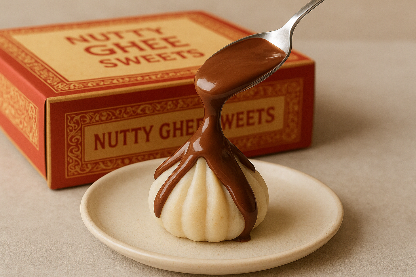 Nutty Ghee Sweets Nutella modak in Gurgaon drizzled with chocolate hazelnut spread on plate