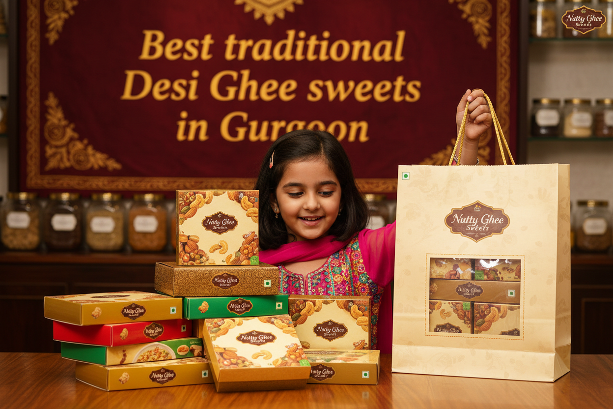 Add the same girl in first image. Now she is looking at the sweets boxes lying on the table. The boxes have written 'Nutty Ghee Sweets' on them. There is also a carry bag with the same brand name 'Nutty Ghee Sweets'. The girl is holding the Bag with sweets boxes. Add the tagline 'Best traditional Desi Ghee sweets in Gurgaon'