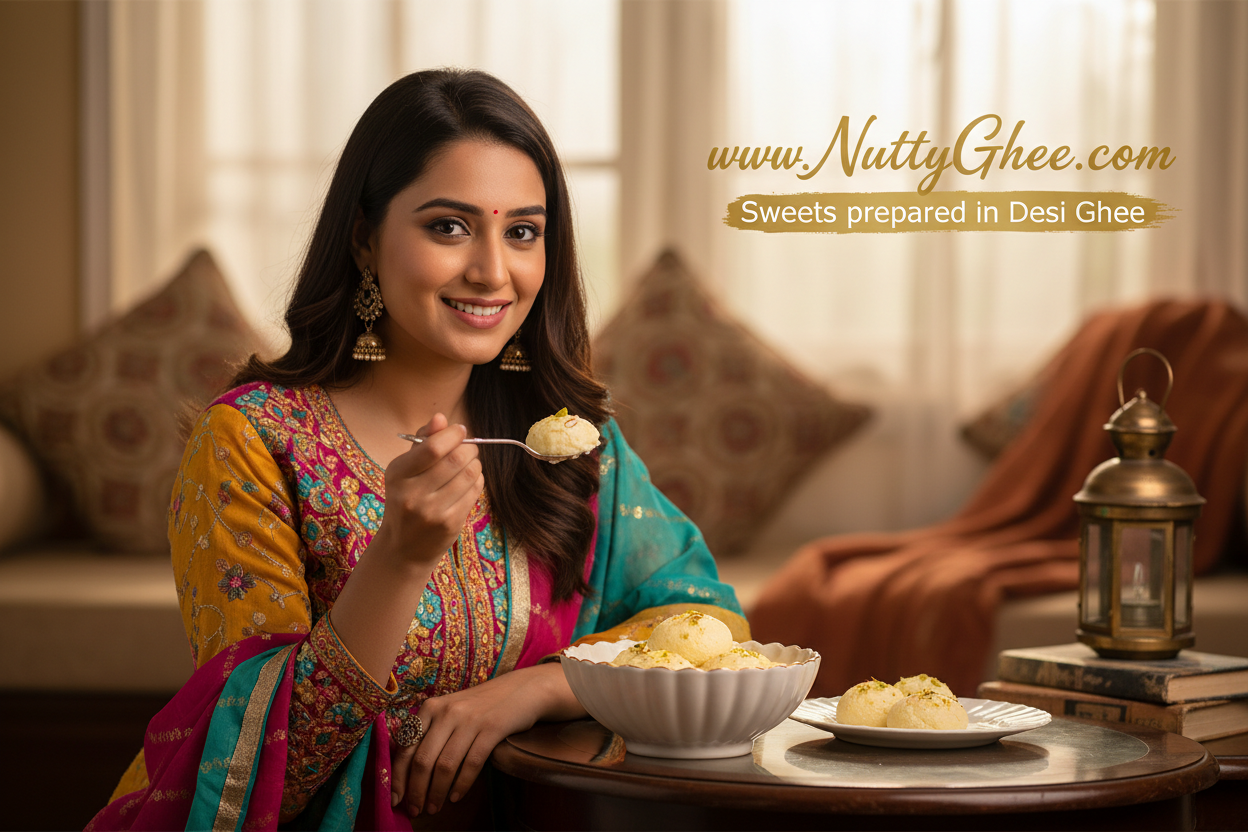 can you make the image in 2160 x 480px horizontal? Add the tagline 'Sweets prepared in Desi Ghee'. Make the font more appealing.