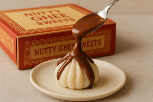 Nutty Ghee Sweets Nutella modak in Gurgaon drizzled with chocolate hazelnut spread on plate